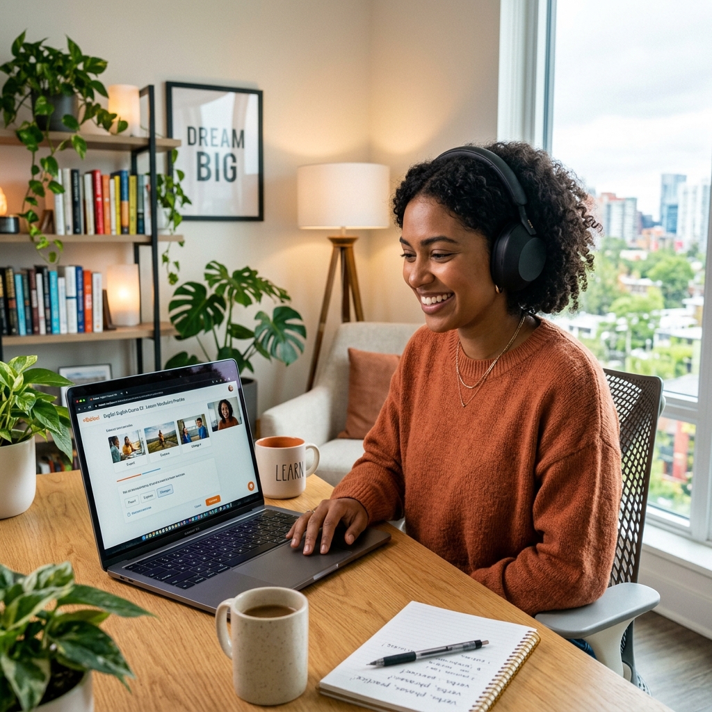 Aluno estudando inglês online